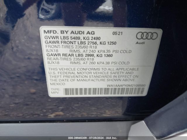 WA1AAAFY0M2108580 Audi Q5 Premium 45 Tfsi Quattro S Tronic