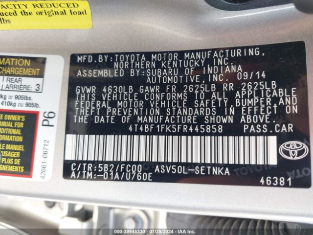 4T4BF1FK5FR445858 Toyota Camry Le/se/xle/xse