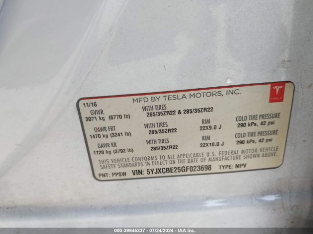 5YJXCBE25GF023698 Tesla Model X 60d/70d/75d/90d/p100d