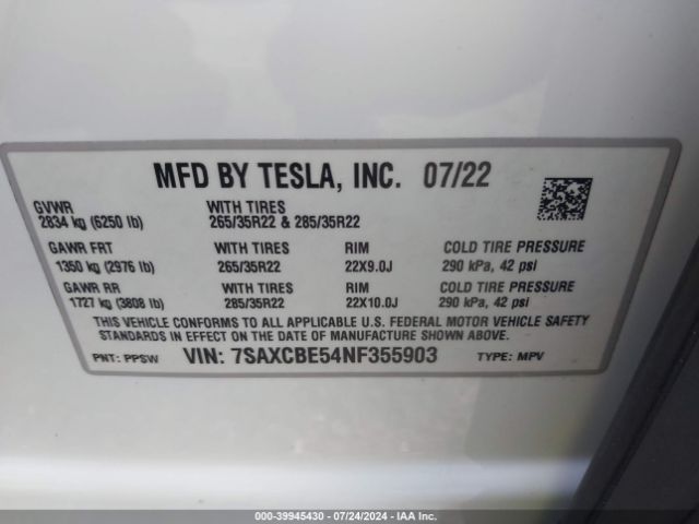 2022 TESLA MODEL X 7SAXCBE54NF355903 Photo 8