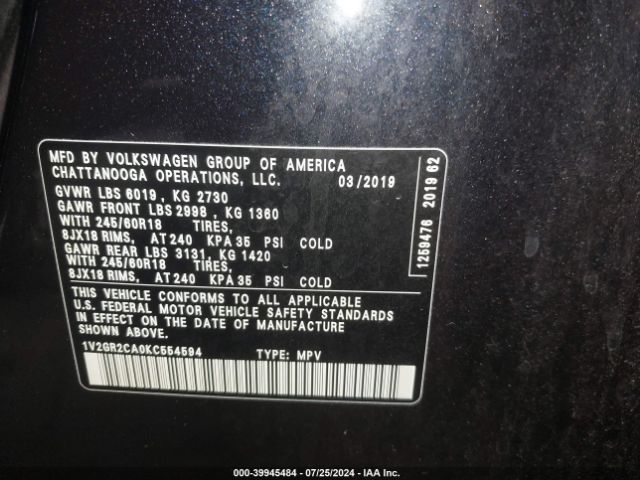 1V2GR2CA0KC554594 Volkswagen Atlas 3.6l V6 S