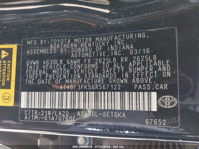 Toyota CAMRY XLE 2016 4T4BF1FK5GR567122 Image 9