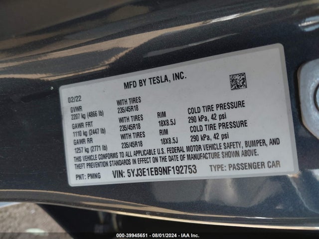 2022 TESLA MODEL 3 5YJ3E1EB9NF192753 Photo 8