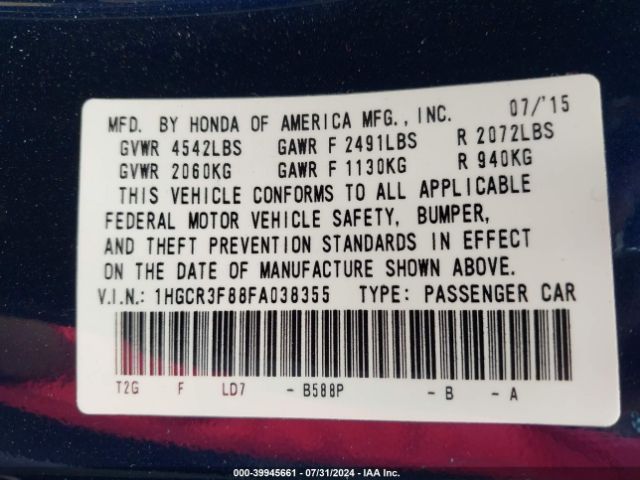 1HGCR3F88FA038355 Honda Accord Ex-l V-6