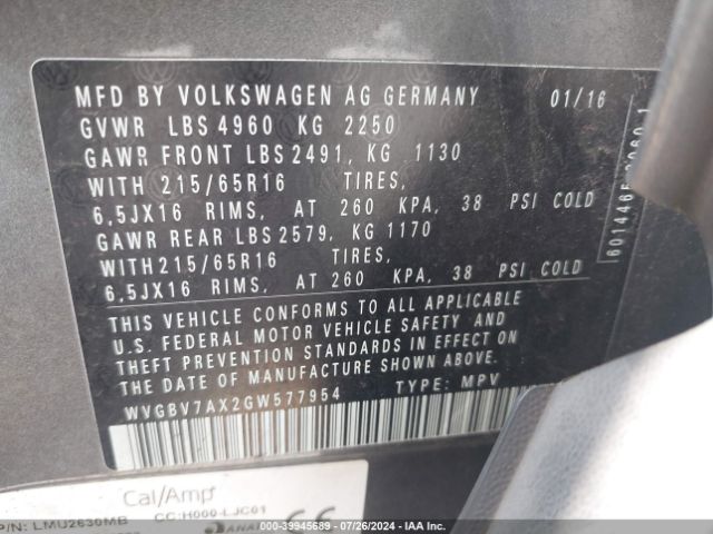 WVGBV7AX2GW577954 Volkswagen TIGUAN S
