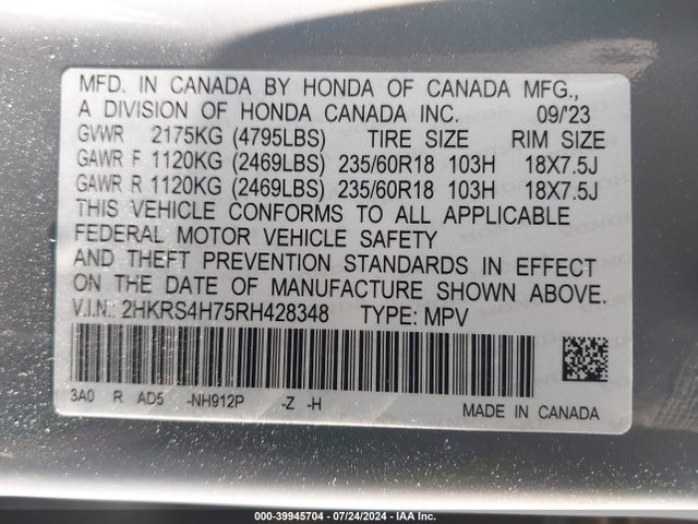 Honda Cr-v Ex-l Awd 2024 2HKRS4H75RH428348 Image 9