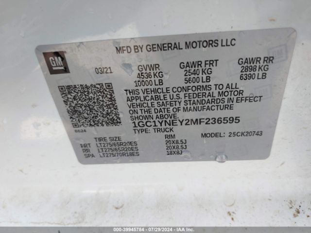1GC1YNEY2MF236595 Chevrolet Silverado 2500hd 4wd  Standard Bed Lt
