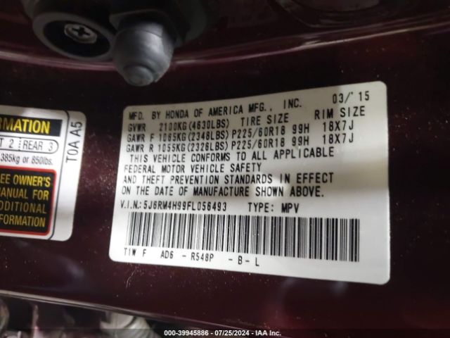 5J6RM4H99FL056493 Honda Cr-v Touring