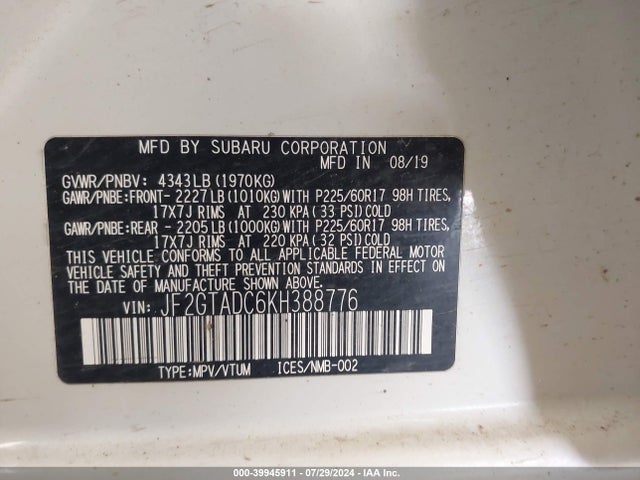 Subaru Crosstrek 2.0i Premium 2019 JF2GTADC6KH388776 Image 9