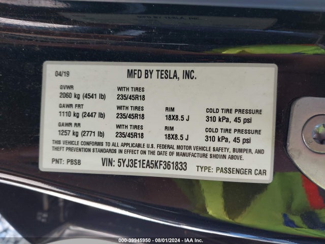 Tesla Model 3 Long Range/mid Range/standard Range/standard Range Plus 2019 5YJ3E1EA5KF361833 Image 9