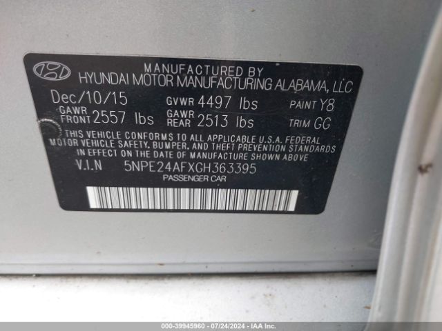 5NPE24AFXGH363395 Hyundai SONATA SE