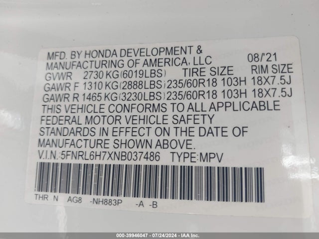 Honda Odyssey Ex-l 2022 5FNRL6H7XNB037486 Image 9
