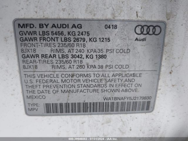 WA1BNAFY5J2179830 Audi Q5 2.0t Premium/2.0t Tech Premium