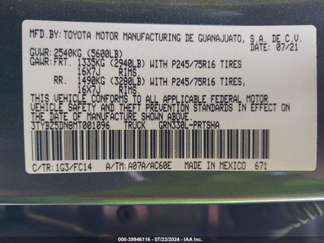 Toyota Tacoma Sr5 V6 2021 3TYBZ5DN8MT001096 Image 9