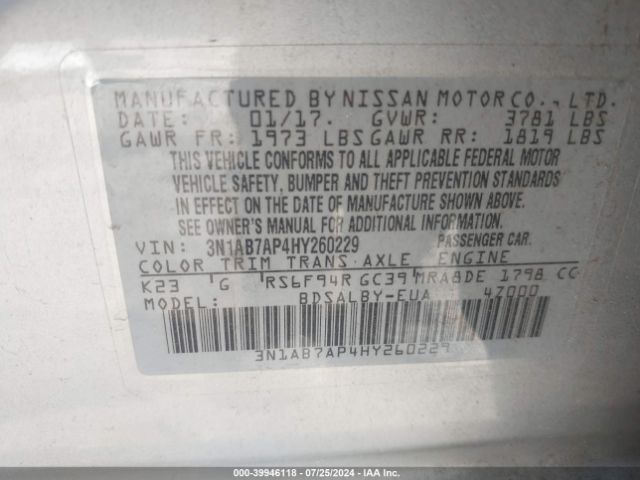 3N1AB7AP4HY260229 Nissan SENTRA S