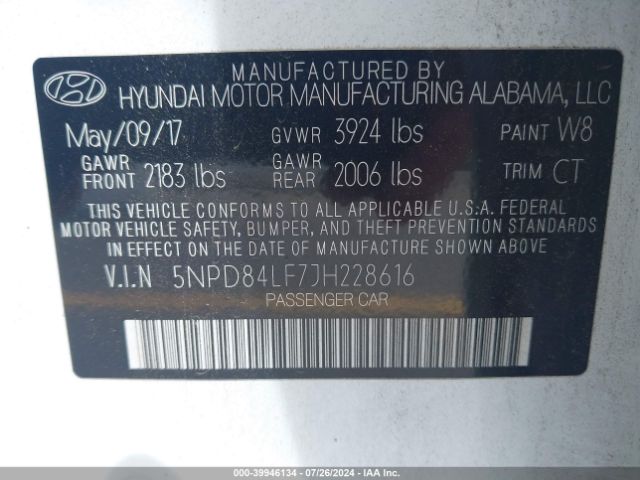 5NPD84LF7JH228616 Hyundai ELANTRA SEL