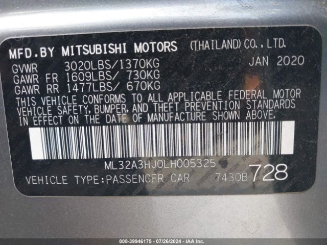 ML32A3HJ0LH005325 Mitsubishi MIRAGE SE