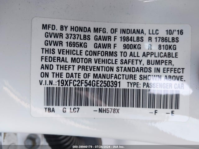 Honda Civic Lx 2016 19XFC2F54GE250391 Image 9