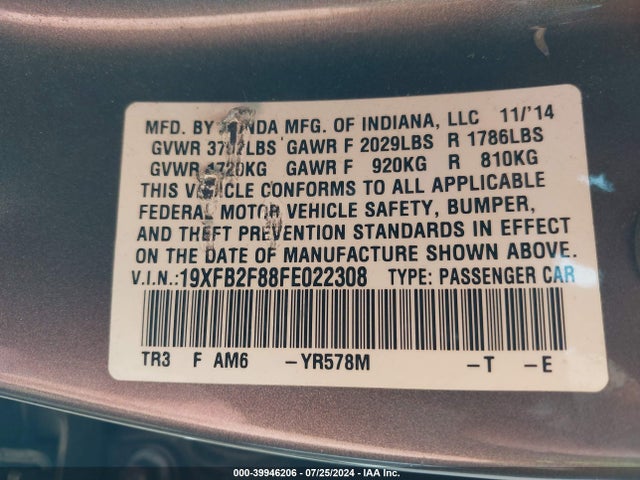Honda CIVIC EX 2015 19XFB2F88FE022308 Image 9