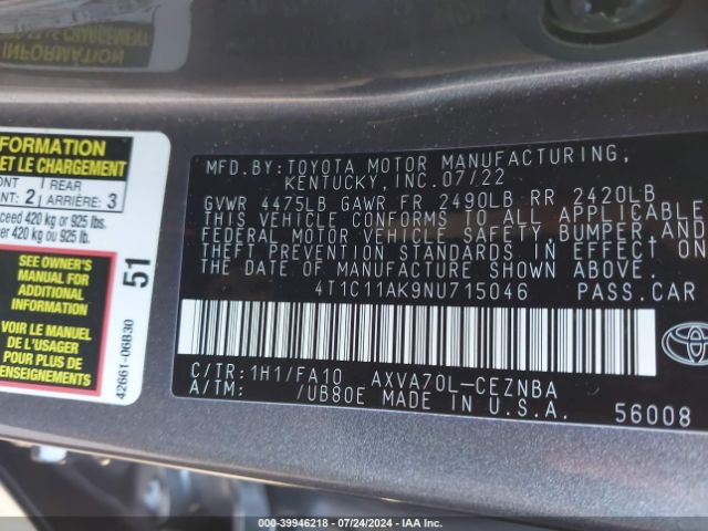 4T1C11AK9NU715046 Toyota CAMRY LE