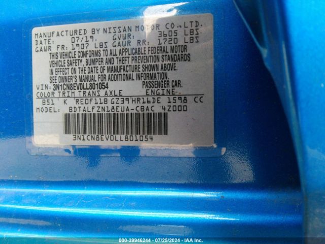 3N1CN8EV0LL801054 Nissan Versa Sv Xtronic Cvt