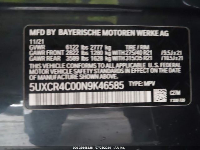 5UXCR4C00N9K46585 BMW X5 Sdrive40i