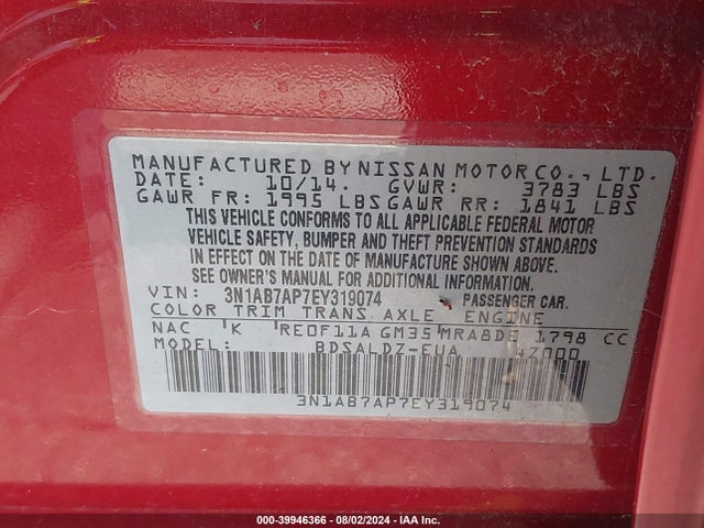 Nissan SENTRA SV 2014 3N1AB7AP7EY319074 Image 9