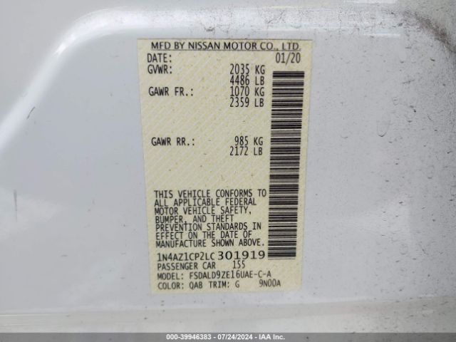 1N4AZ1CP2LC301919 Nissan Leaf Sv 40 Kwh