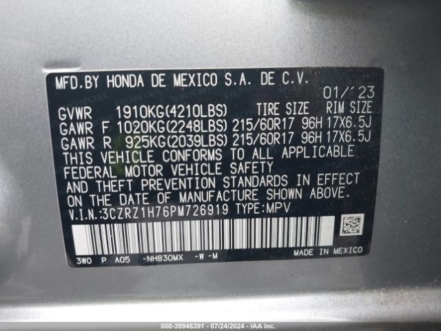 3CZRZ1H76PM726919 Honda Hr-v 2wd Ex-l