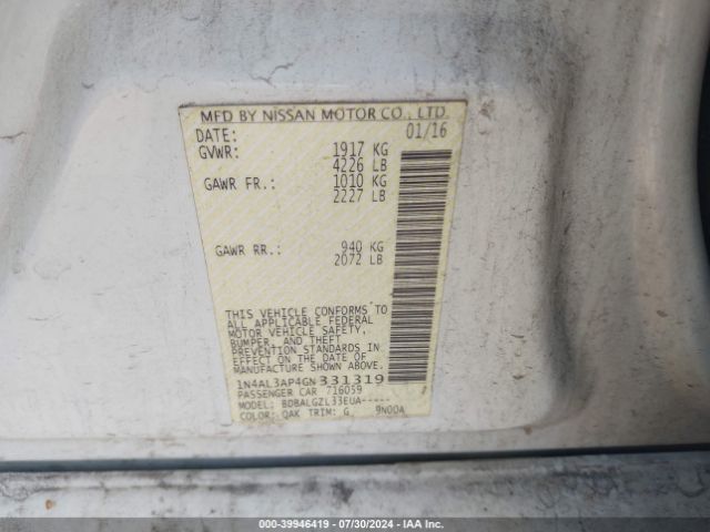 1N4AL3AP4GN331319 Nissan Altima 2.5/2.5 S/2.5 Sl/2.5 Sr/2.5 Sv