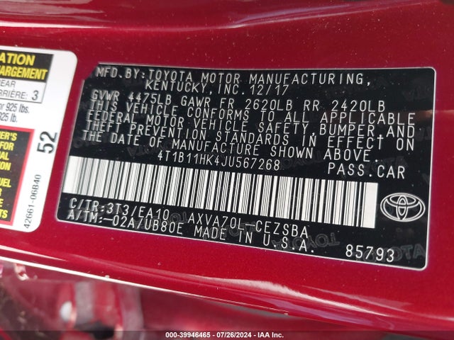 Toyota CAMRY SE 2018 4T1B11HK4JU567268 Image 9