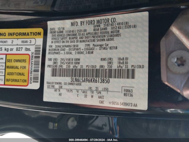 3LN6L5A96KR613850 Lincoln Mkz Standard