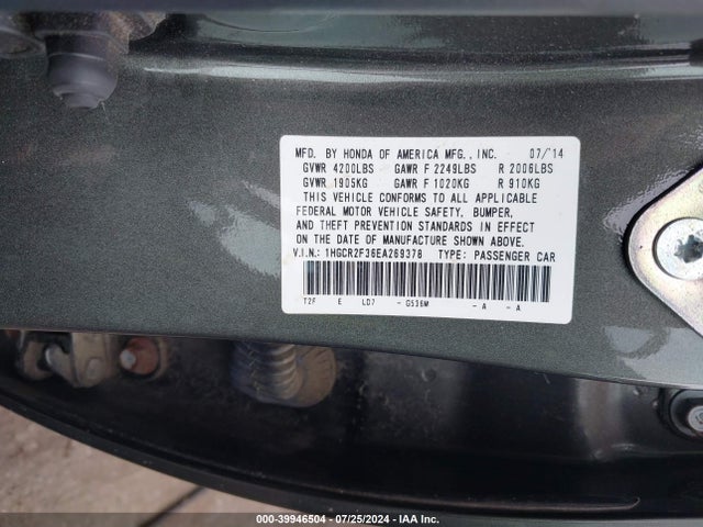 Honda ACCORD LX 2014 1HGCR2F36EA269378 Image 9