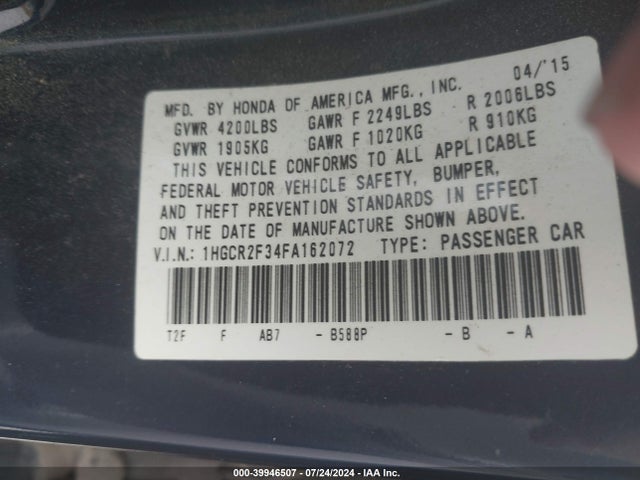 Honda ACCORD LX 2015 1HGCR2F34FA162072 Image 9