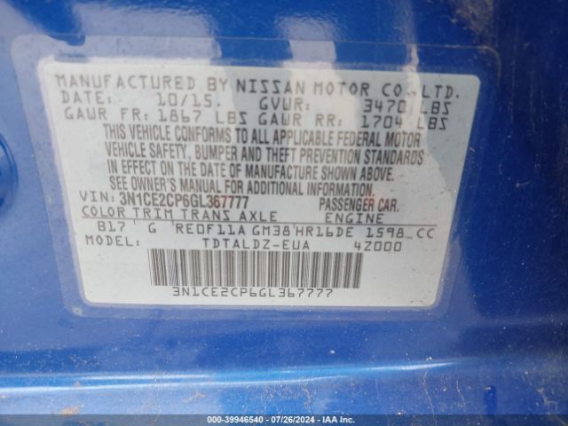 3N1CE2CP6GL367777 Nissan Versa Note Sv