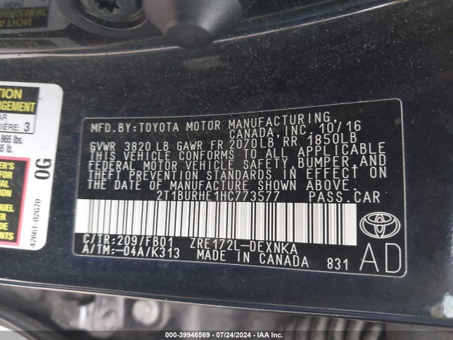 Toyota COROLLA LE 2017 2T1BURHE1HC773577 Image 9