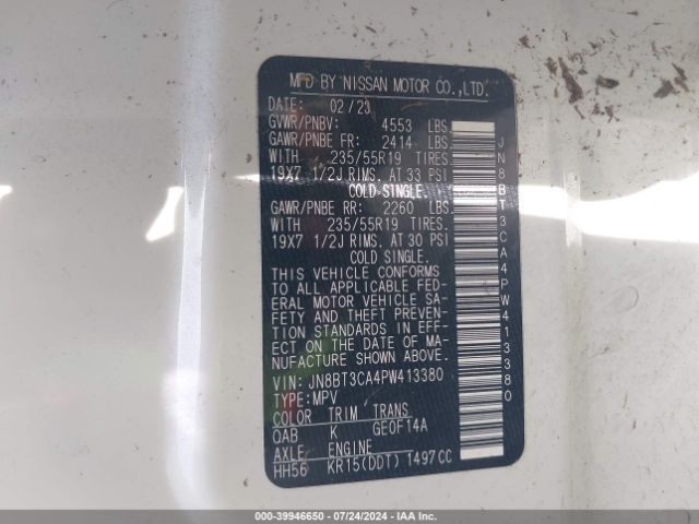 JN8BT3CA4PW413380 Nissan Rogue Sl Fwd