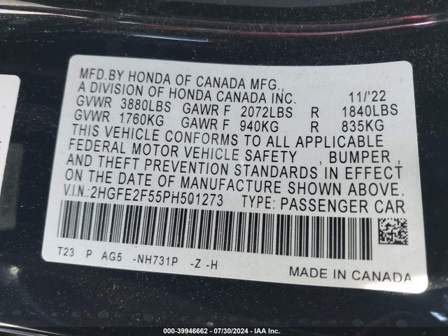 Honda Civic Sport 2023 2HGFE2F55PH501273 Image 9