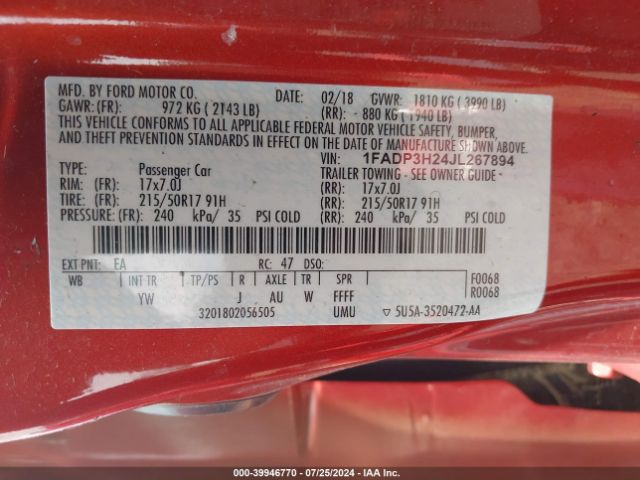 1FADP3H24JL267894 Ford FOCUS SEL