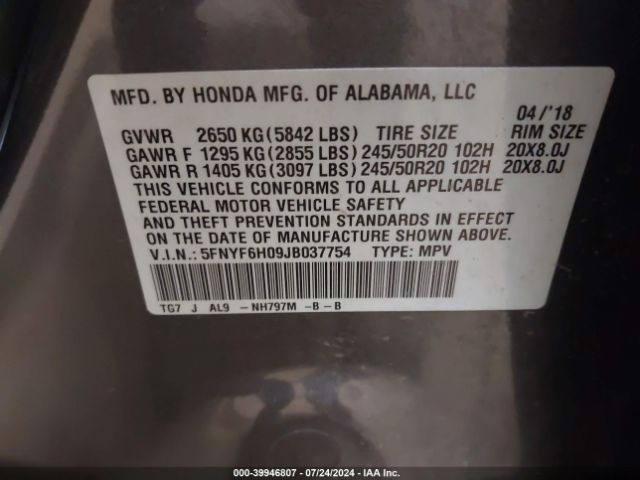 5FNYF6H09JB037754 Honda Pilot Elite