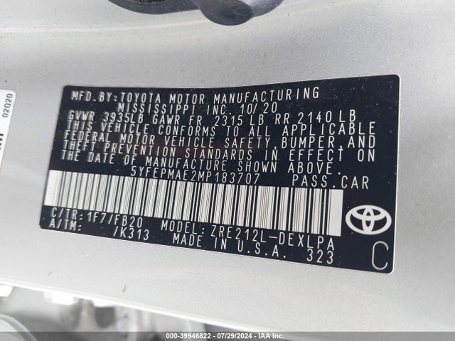 Toyota COROLLA LE 2021 5YFEPMAE2MP183707 Image 9
