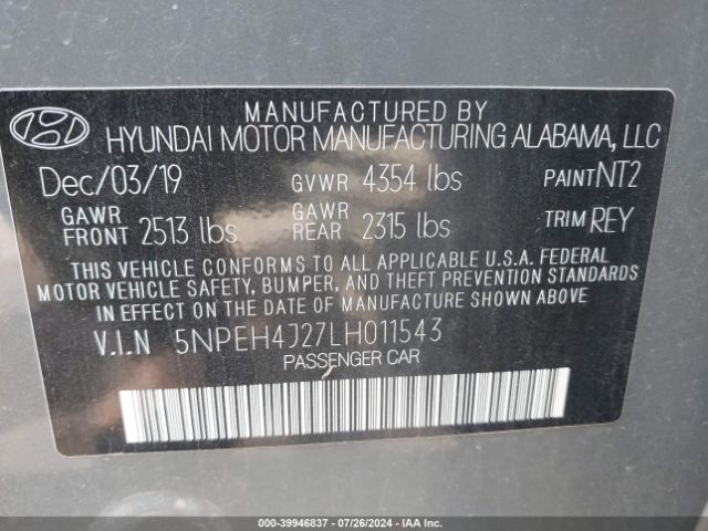 5NPEH4J27LH011543 Hyundai Sonata Limited