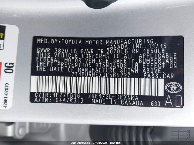 Toyota COROLLA LE 2016 2T1BURHEXGC565227 Image 9