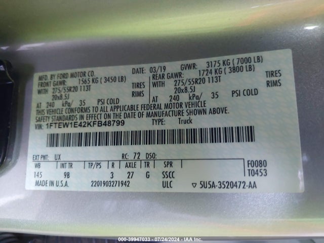 Ford F-150 Platinum 2019 1FTEW1E42KFB48799 Image 9