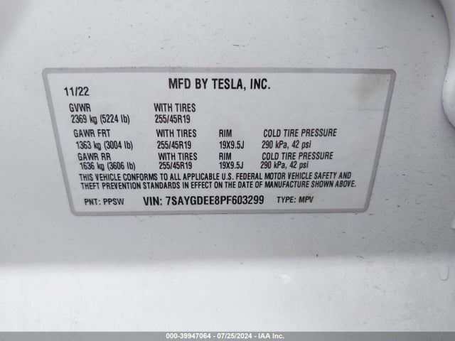7SAYGDEE8PF603299 Tesla Model Y Awd/long Range Dual Motor All-wheel Drive