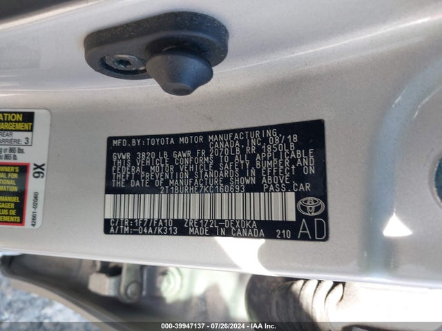 Toyota COROLLA L 2019 2T1BURHE7KC160693 Image 9