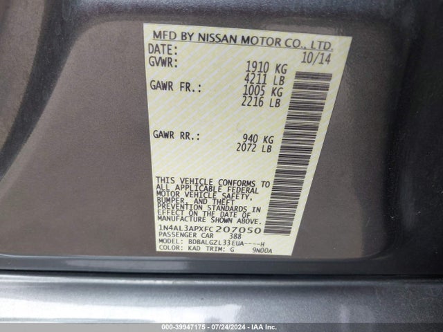 Nissan Altima 2.5 S 2015 1N4AL3APXFC207050 Image 9