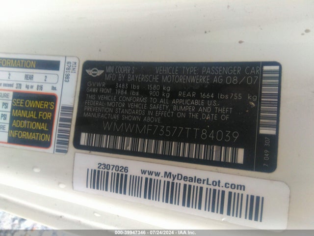 2007 MINI COOPER S WMWMF73577TT84039 Photo 8