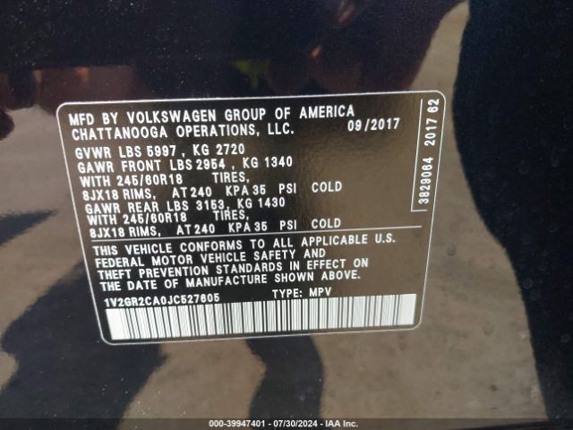 1V2GR2CA0JC527605 Volkswagen Atlas 3.6l V6 S