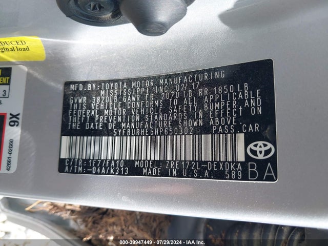 Toyota COROLLA L 2017 5YFBURHE5HP650302 Image 9